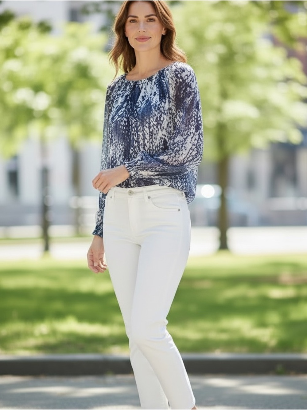JM Collection Navy & White Printed Peasant Blouse size XL